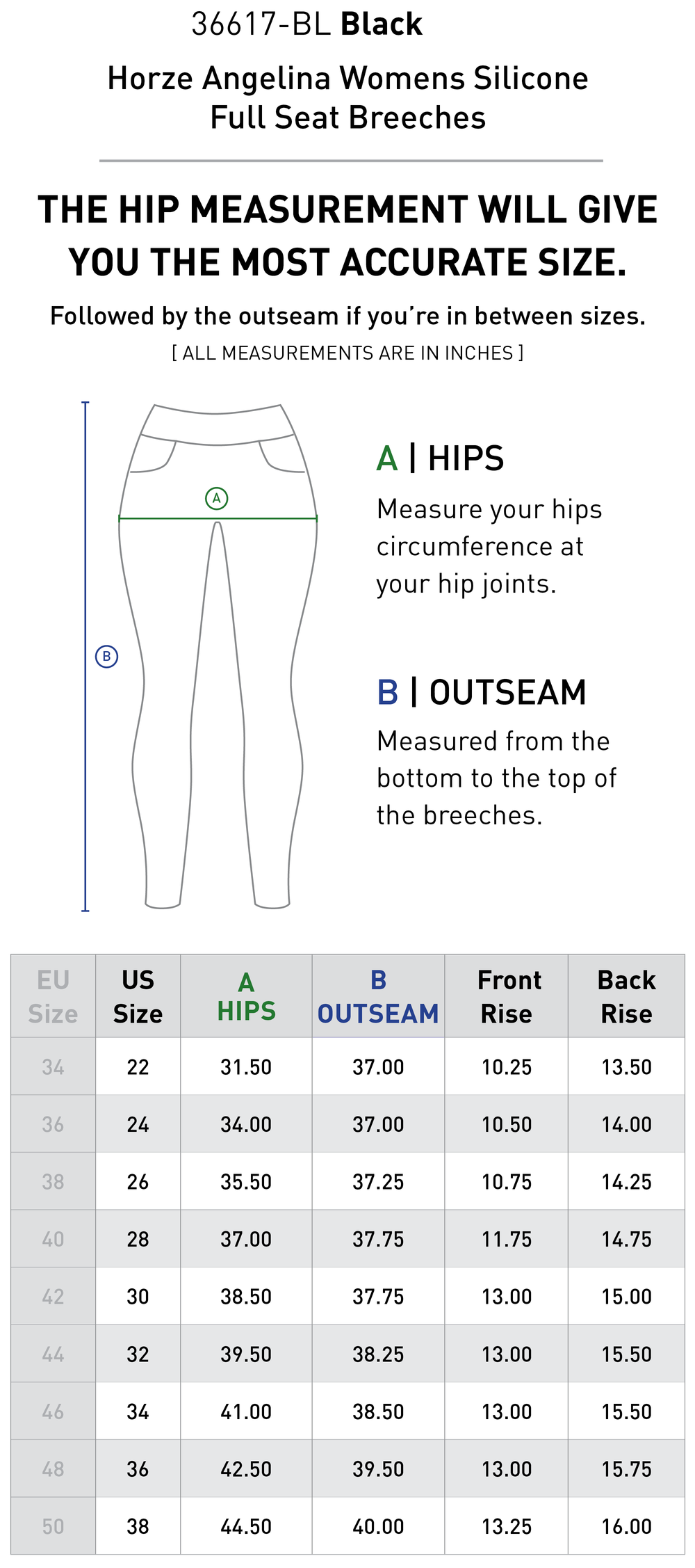 Size chart: Women's Full Seat Breeches & Tights