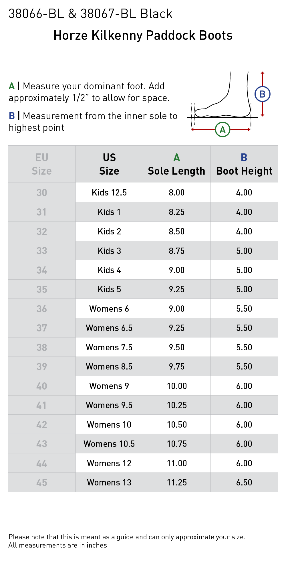Size chart: Paddock Boots