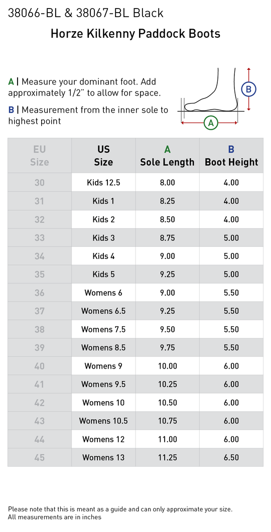 Size chart: Paddock Boots