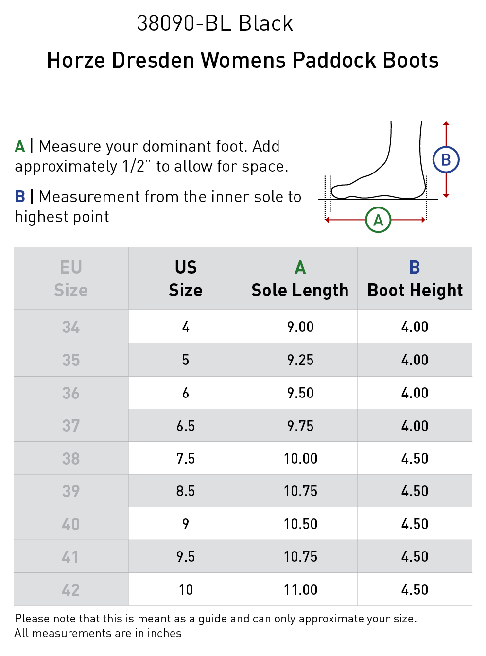 Size chart: Paddock Boots