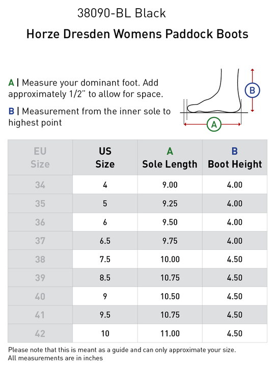 Size chart: Paddock Boots