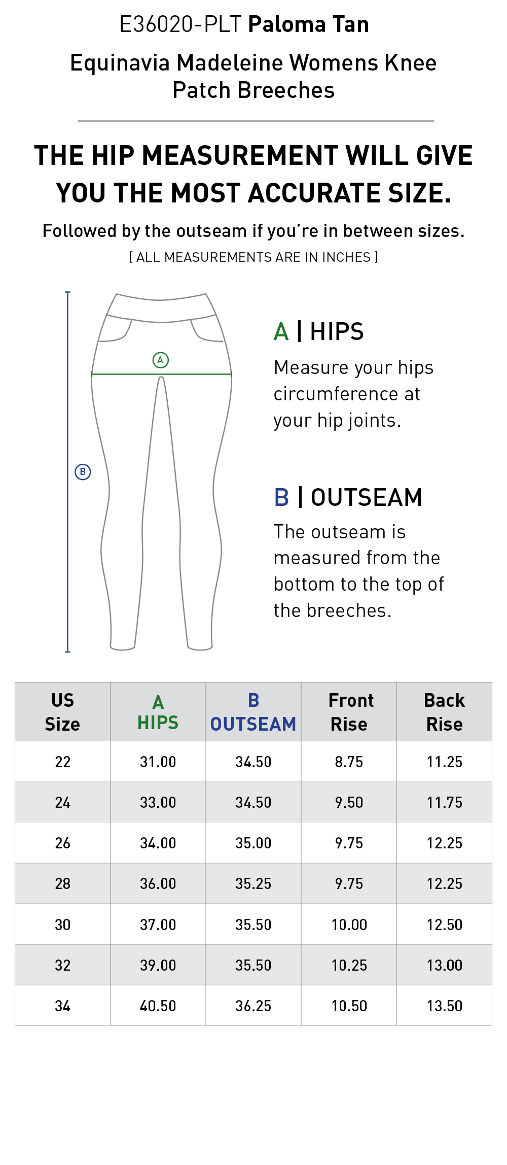 Size chart: Women's Knee Patch Breeches & Tights