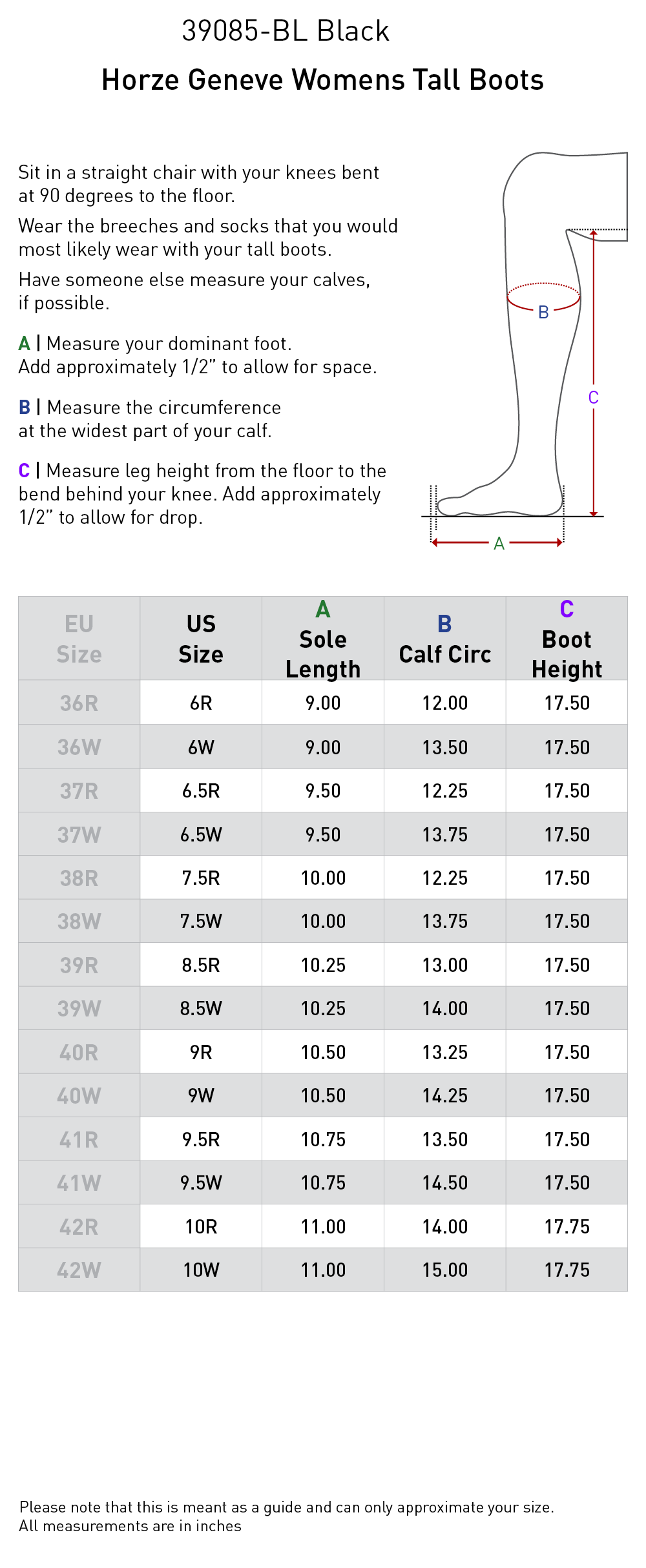 Size chart: Dress &amp; Dressage Boots