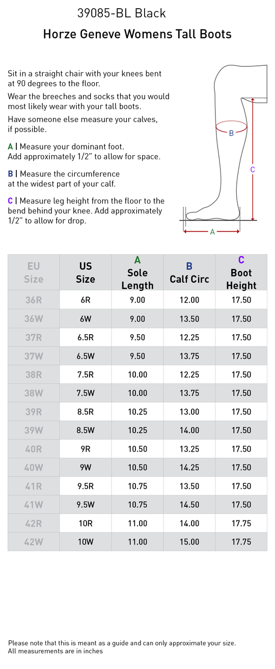 Size chart: Dress &amp; Dressage Boots