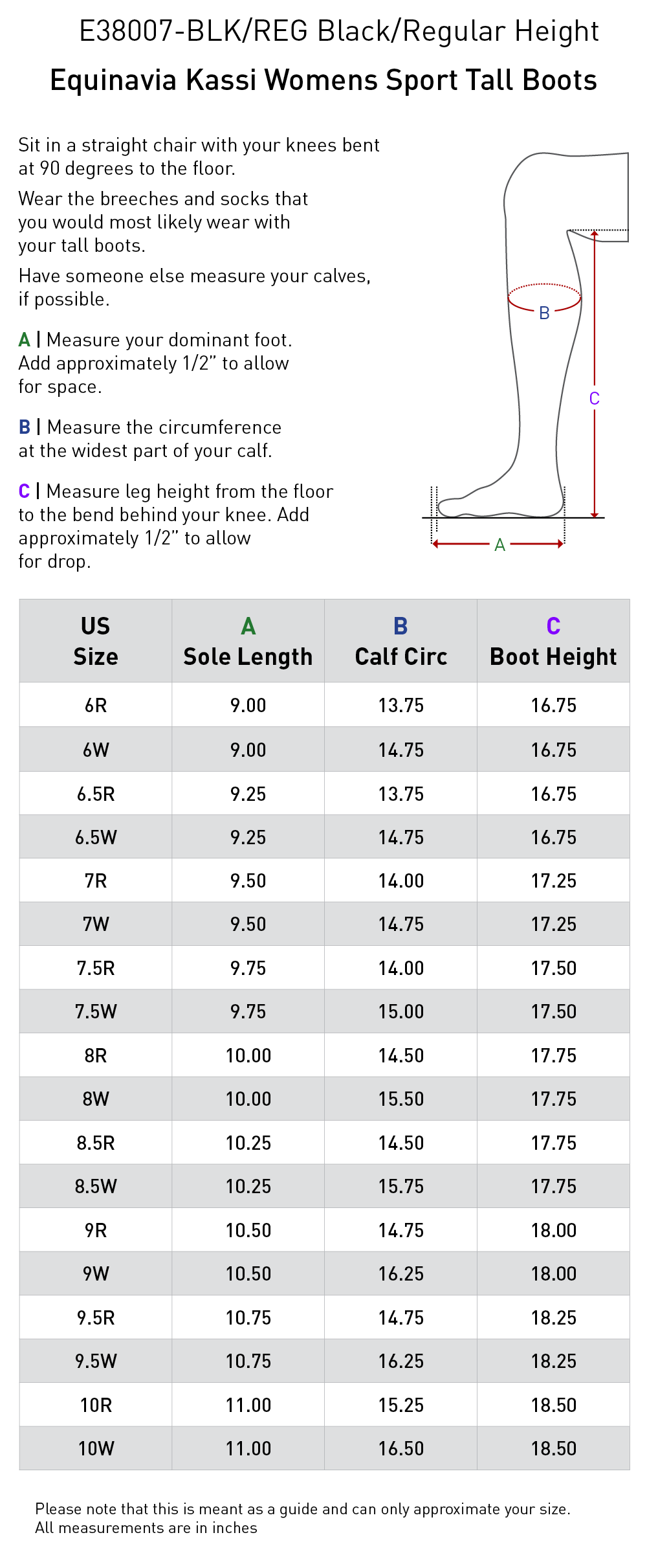 Size chart: Dress &amp; Dressage Boots