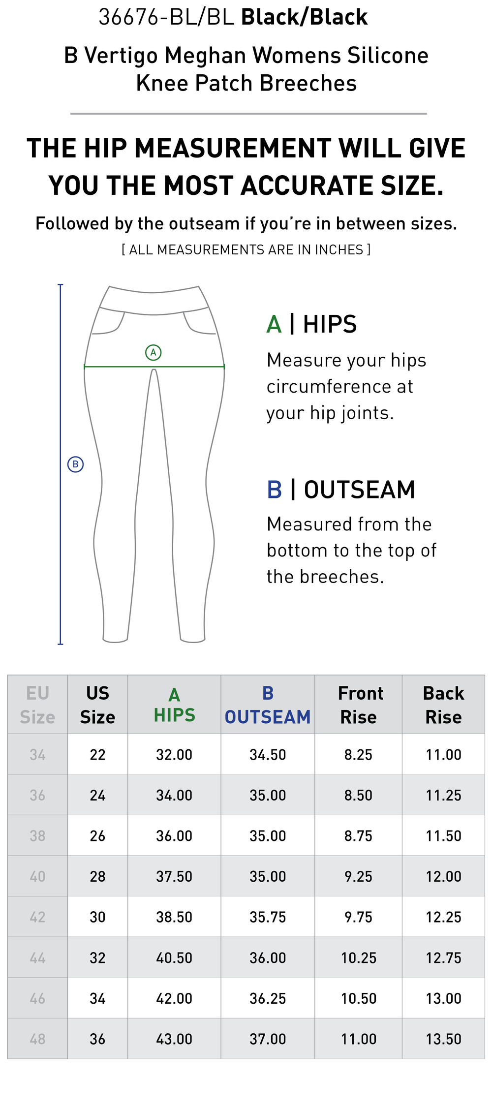 Size chart: Women's Knee Patch Breeches & Tights