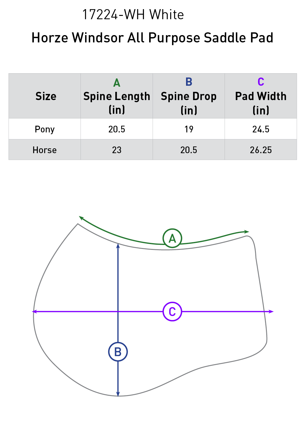 Size chart: Square All Purpose Saddle Pads