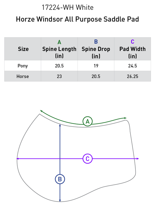 Size chart: Square All Purpose Saddle Pads