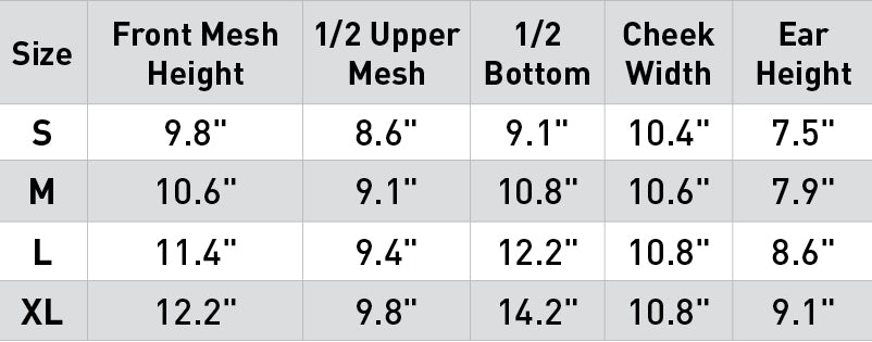 Size chart: Fly Masks