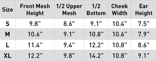 Size chart: Fly Masks