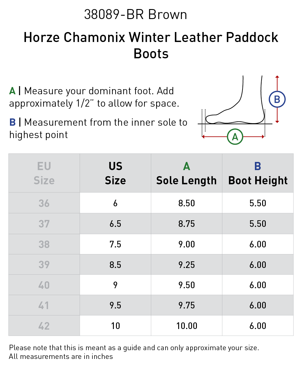 Size chart: Paddock Boots