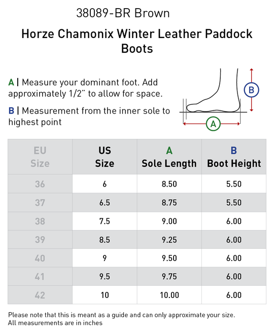 Size chart: Paddock Boots