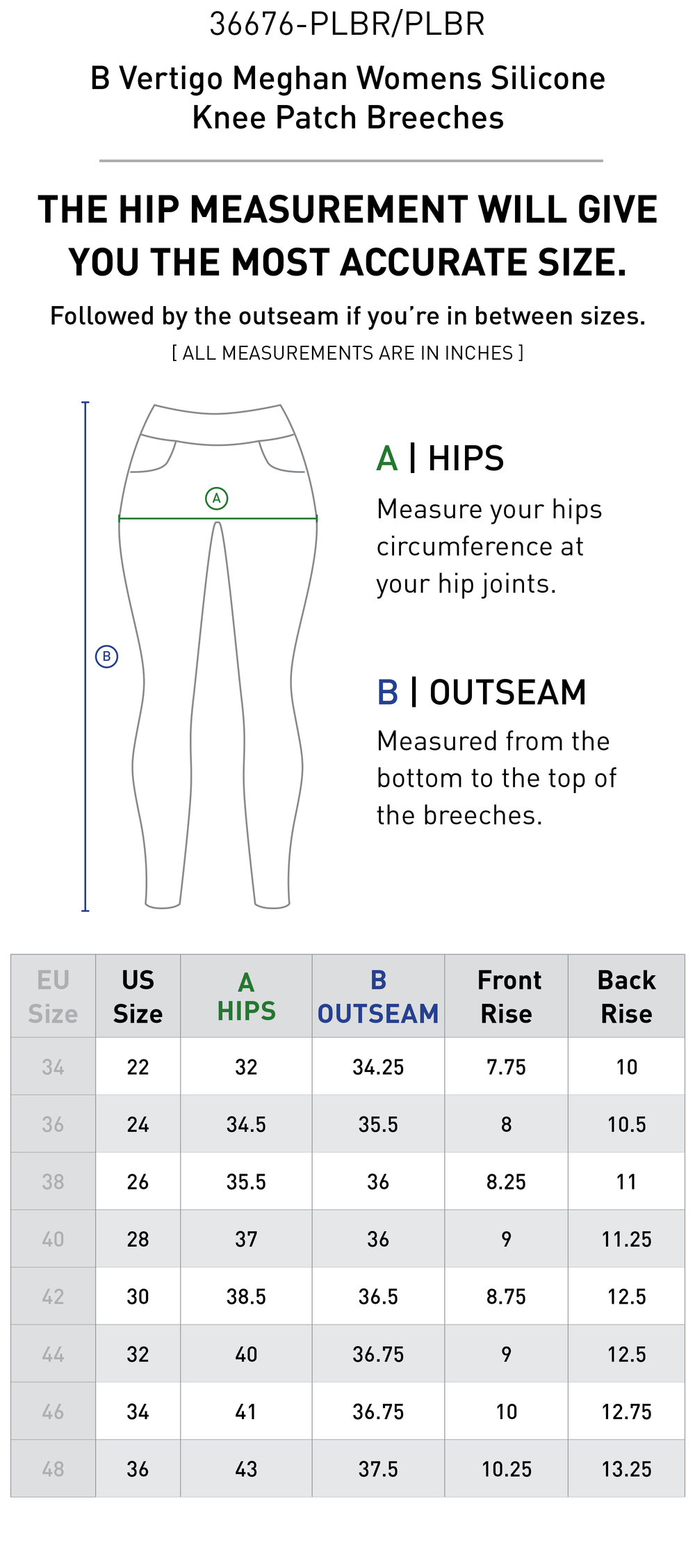 Size chart: Women's Knee Patch Breeches & Tights