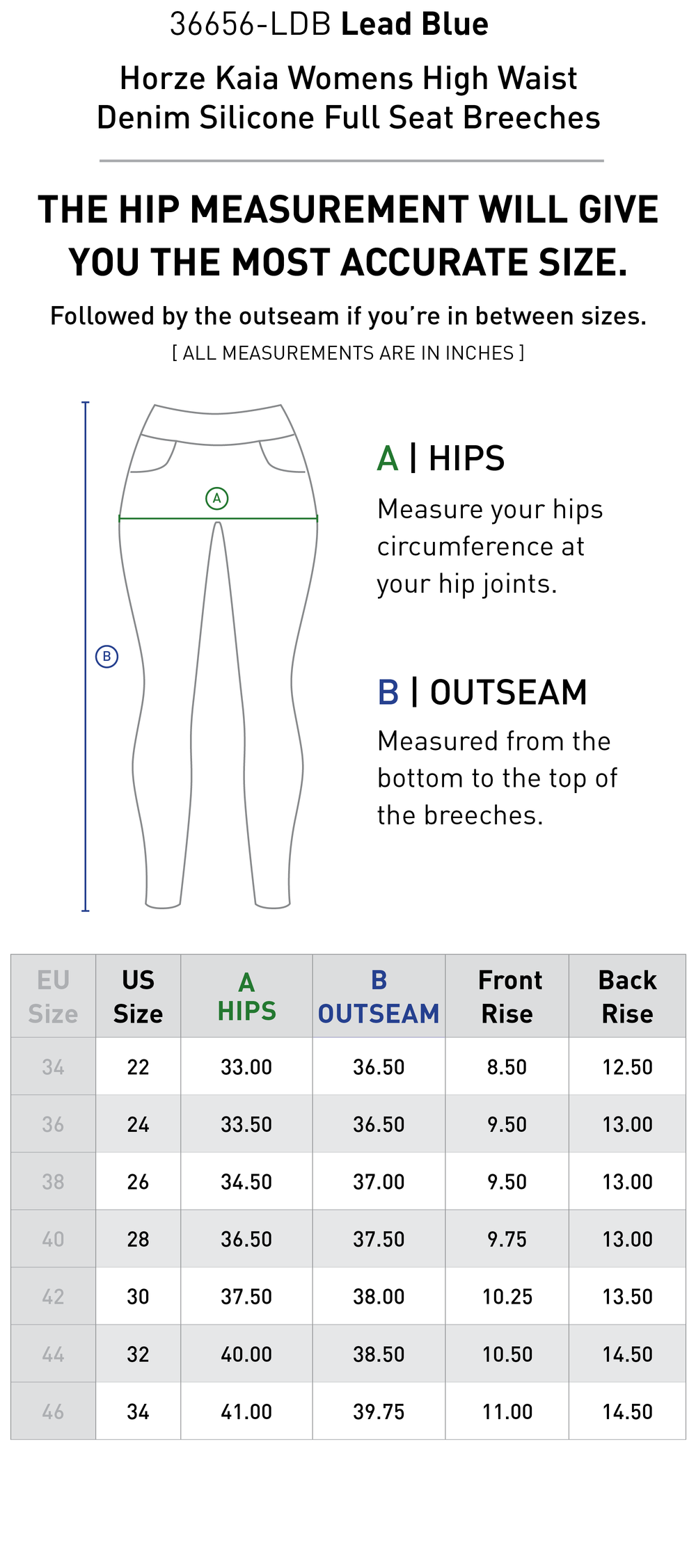 Size chart: Women's Full Seat Breeches & Tights