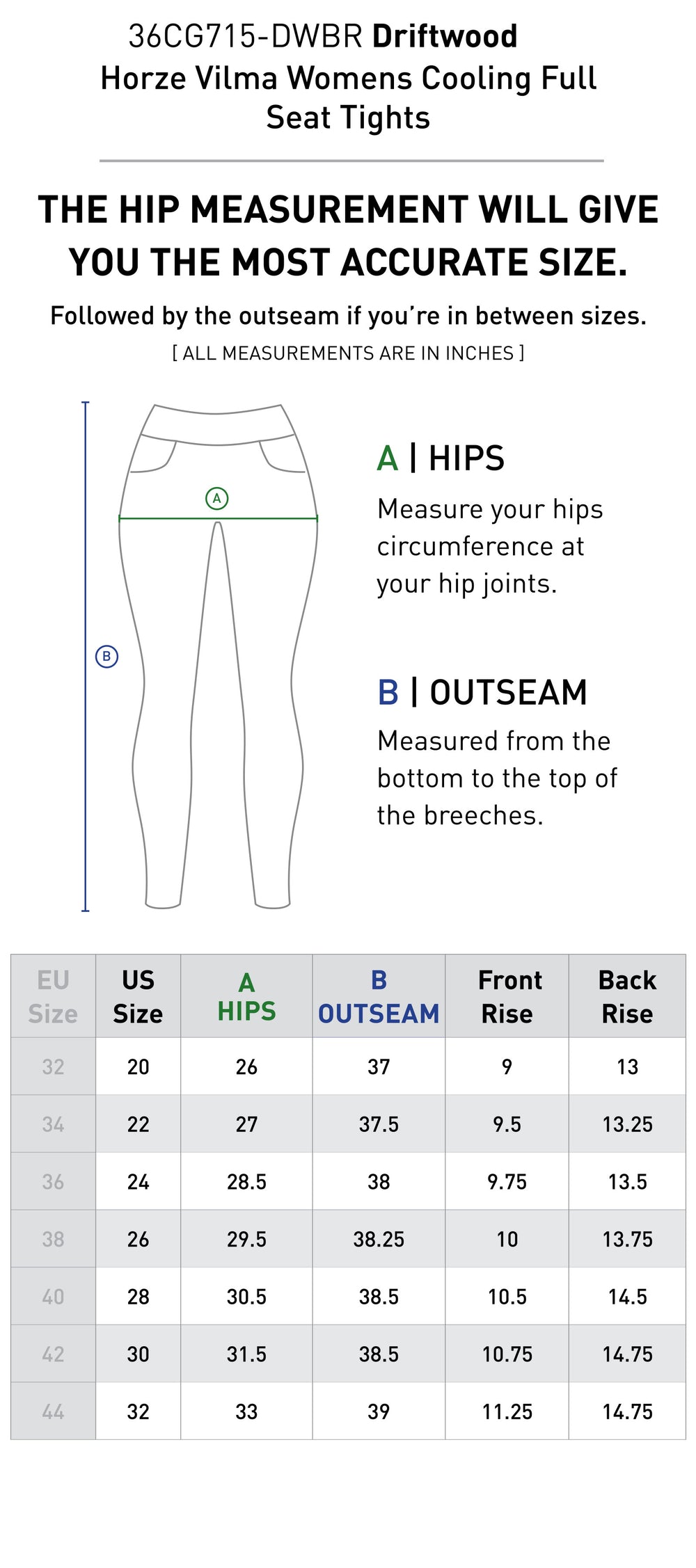 Size chart: Women's Full Seat Breeches & Tights