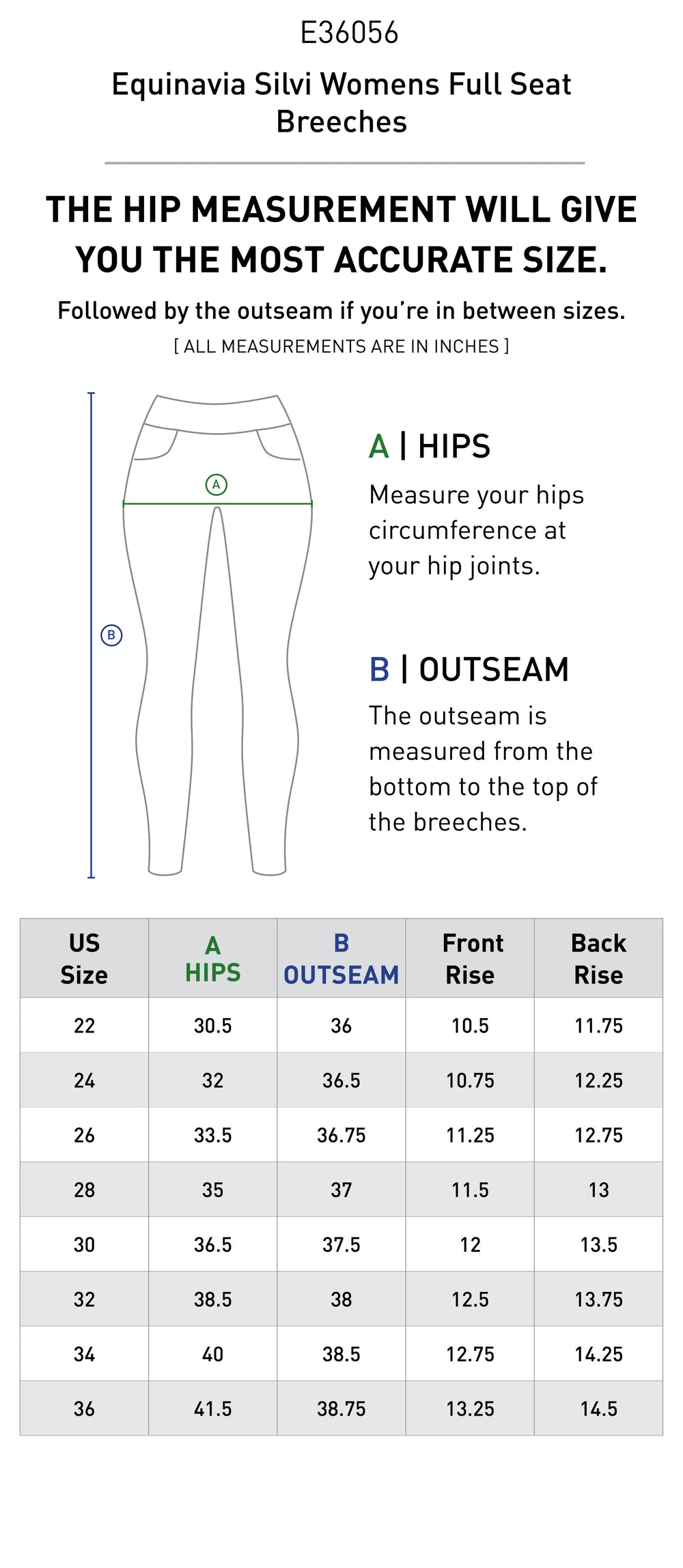 Size chart: Women's Full Seat Breeches & Tights