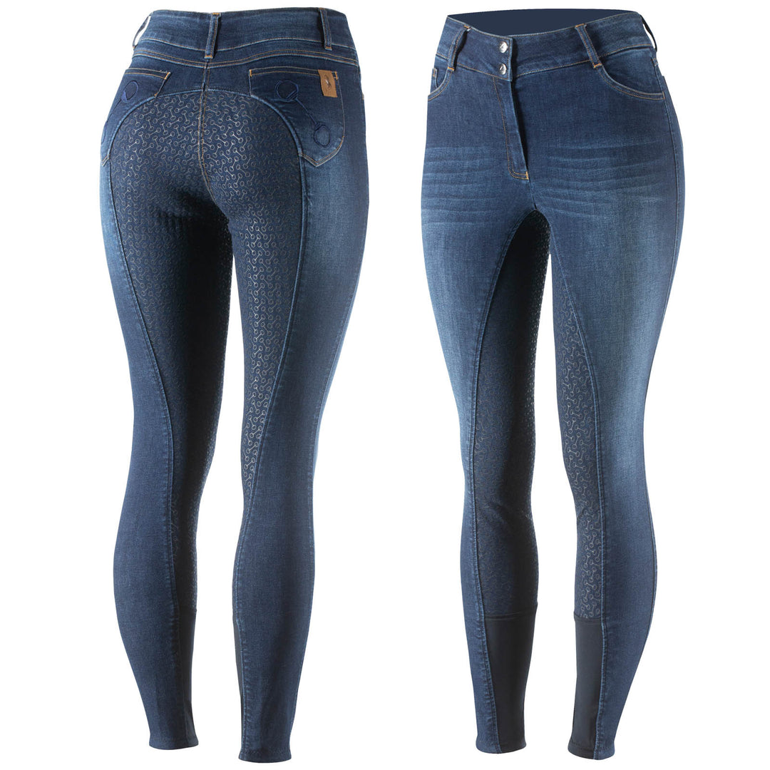 Horze Kaia Womens High Waist Denim Silicone Full Seat Breeches image 