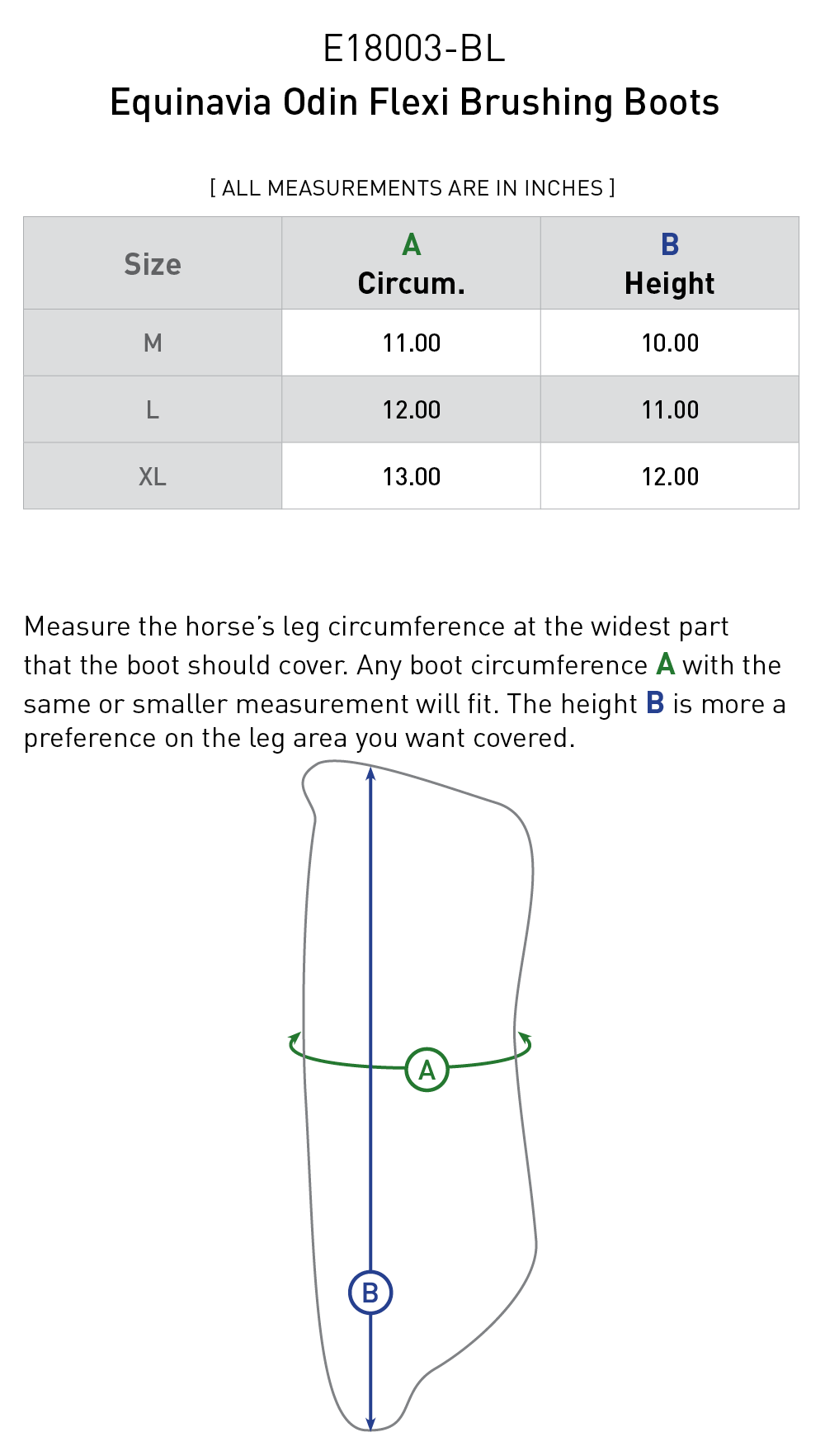 Size chart: Tendon/Galloping Boots