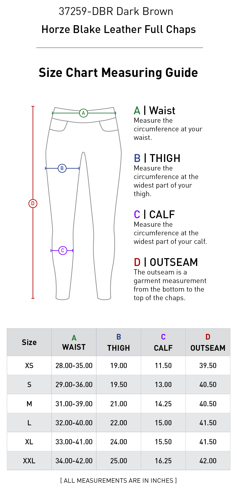 Size chart: Half Chaps