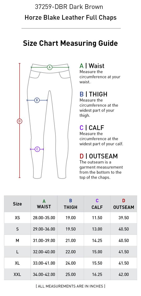 Size chart: Half Chaps