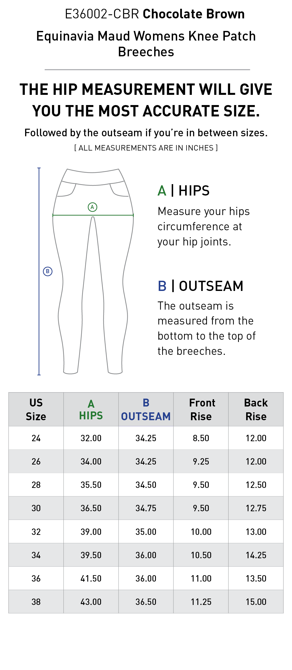 Size chart: Women's Knee Patch Breeches & Tights