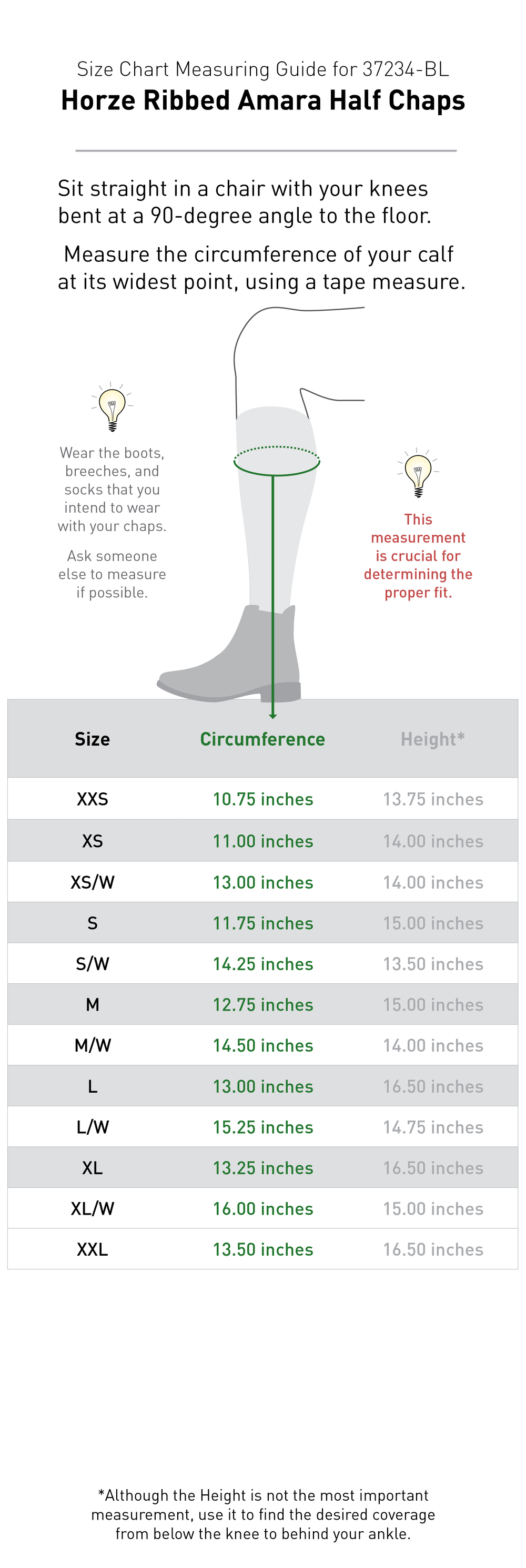 Size chart: Half Chaps