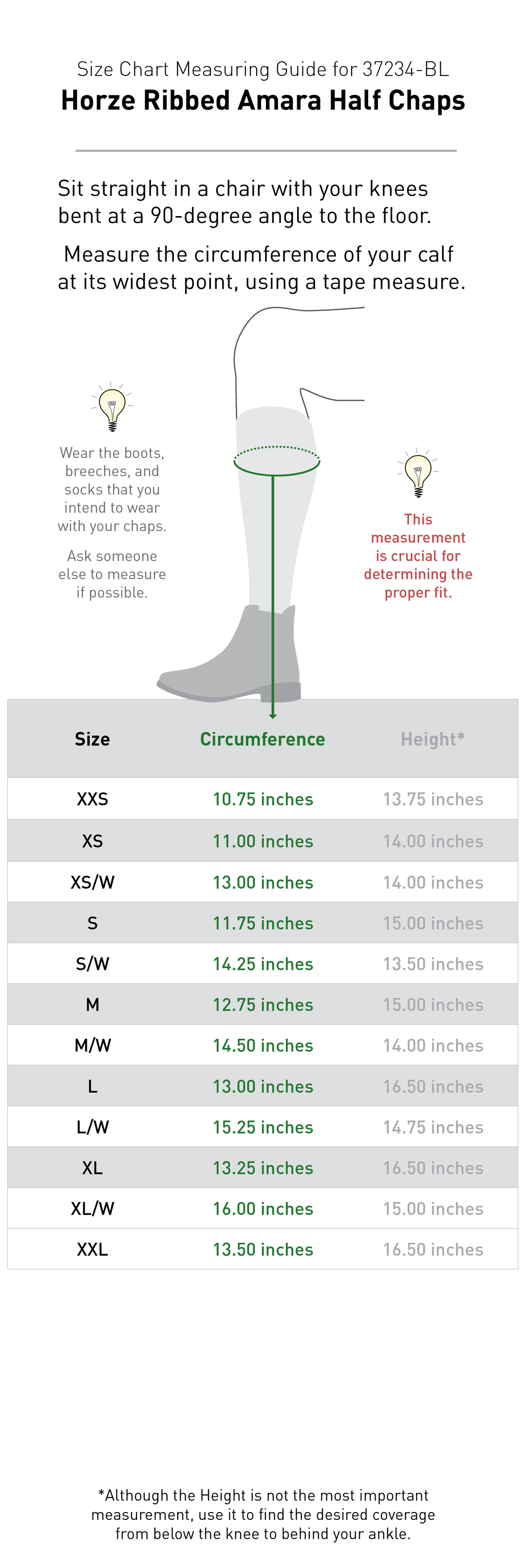 Size chart: Half Chaps