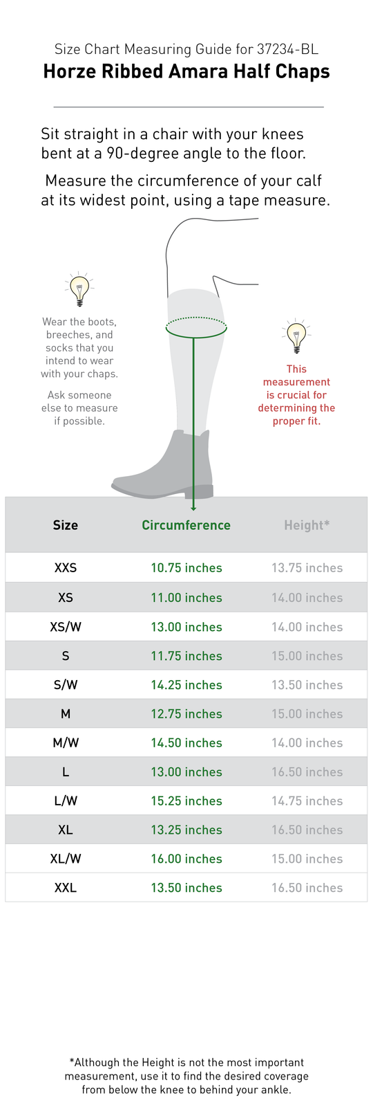 Size chart: Half Chaps