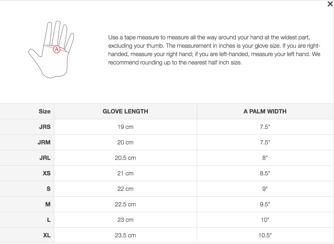 Size chart: Riding Gloves