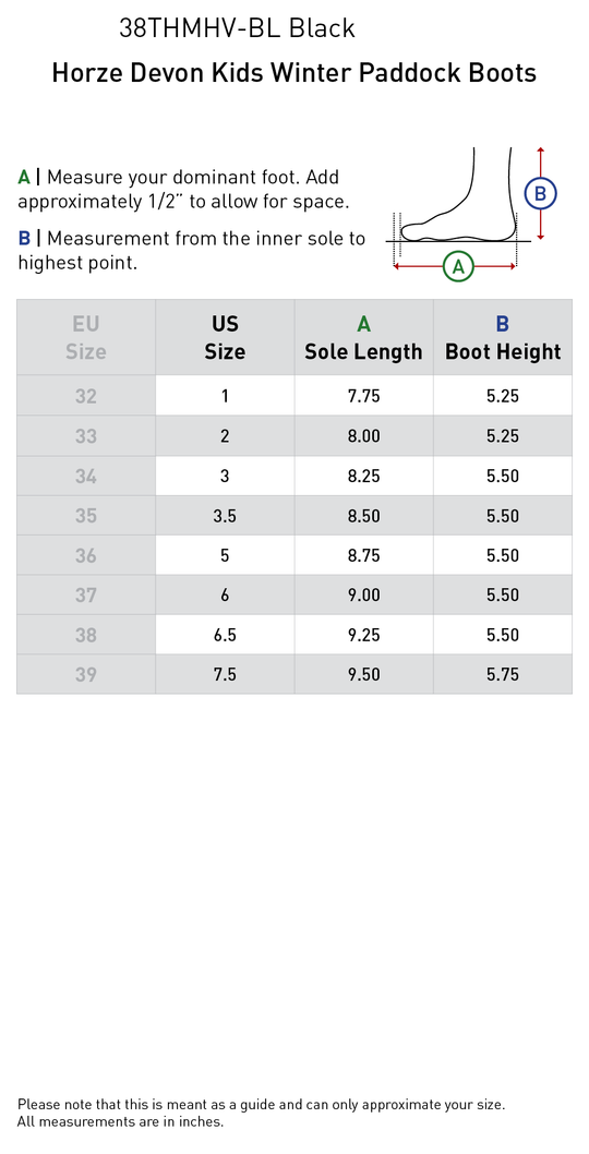 Size chart: Paddock Boots