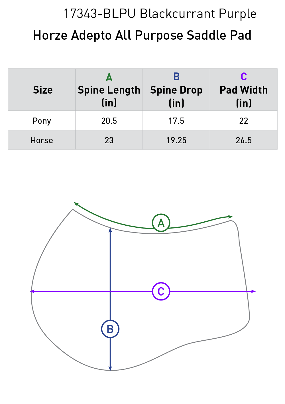 Size chart: Square All Purpose Saddle Pads