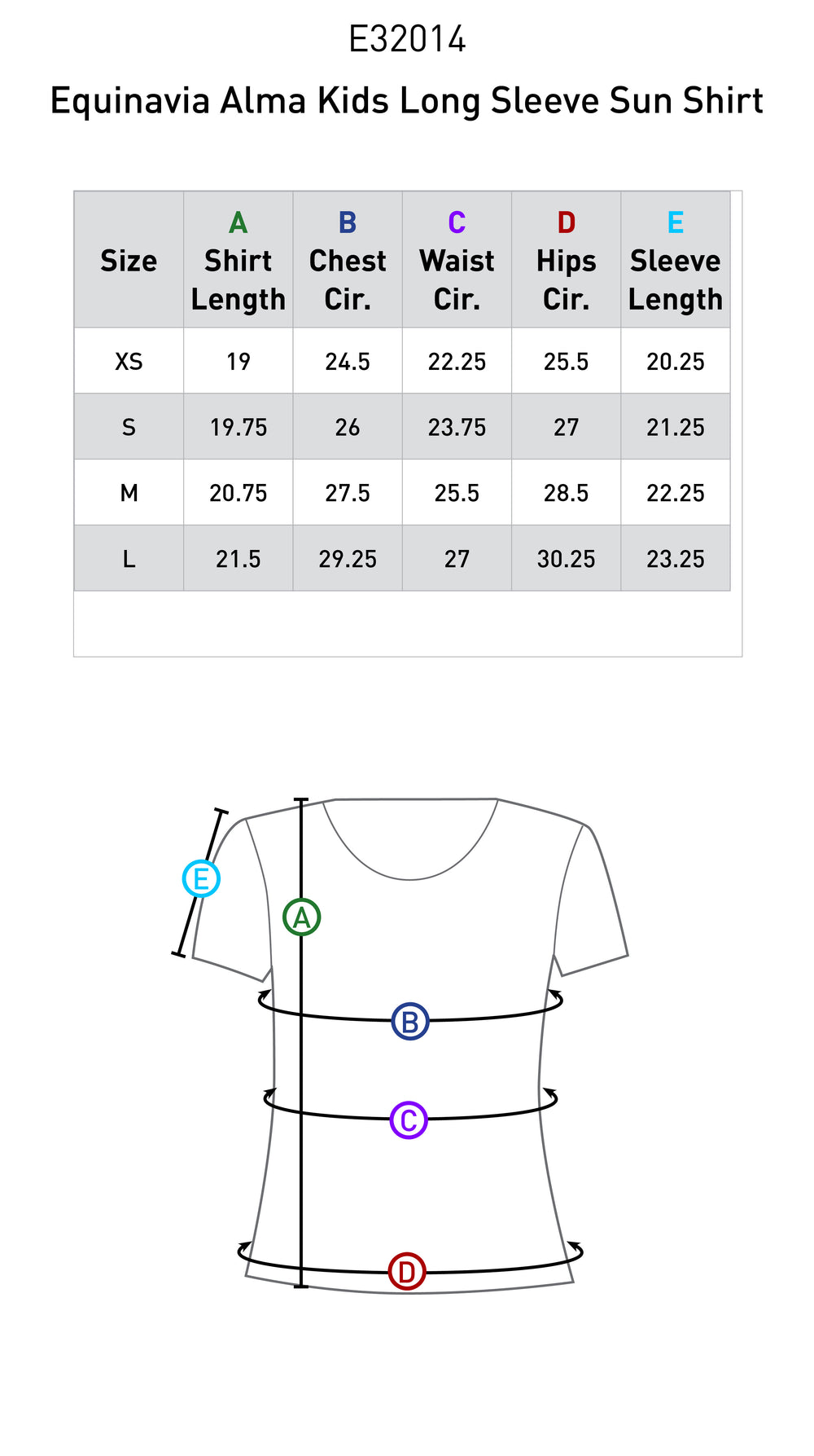 Size chart: Zip Front and Technical Shirts