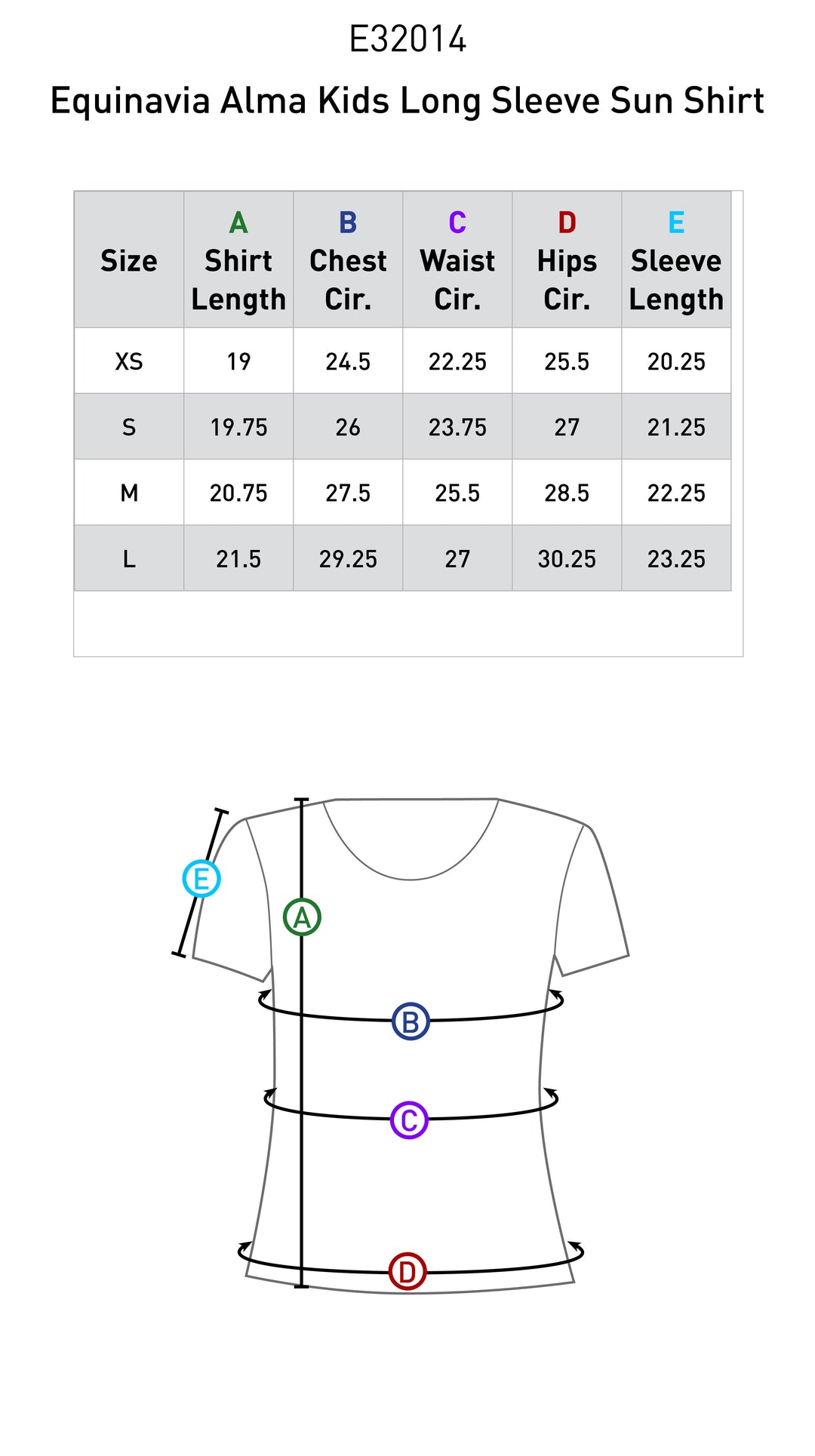 Size chart: Zip Front and Technical Shirts