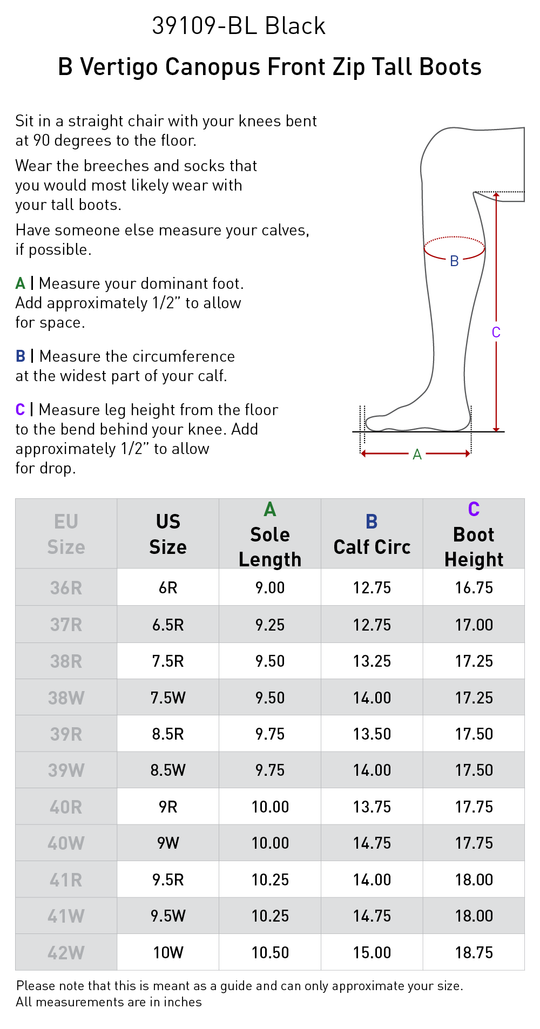 Size chart: Winter Tall Riding Boots