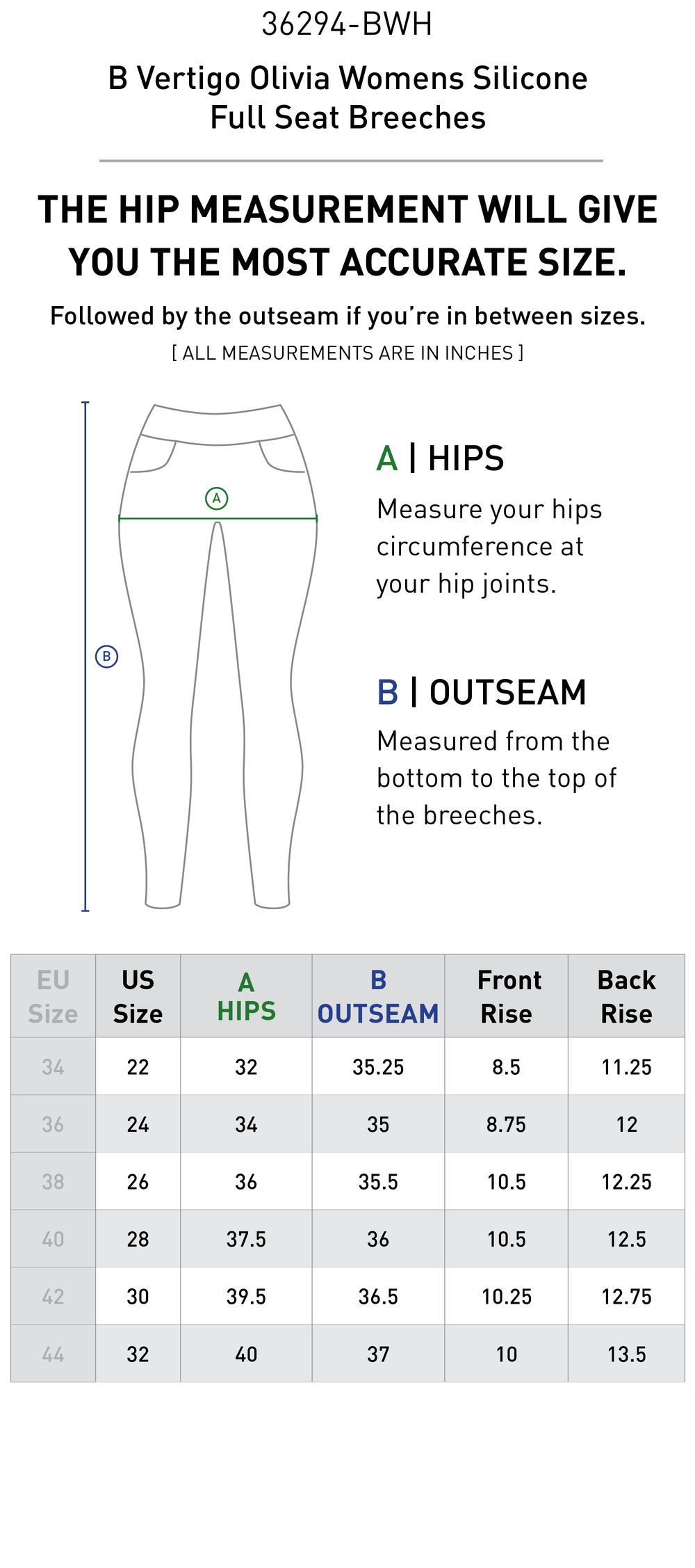 Size chart: Women's Full Seat Breeches & Tights