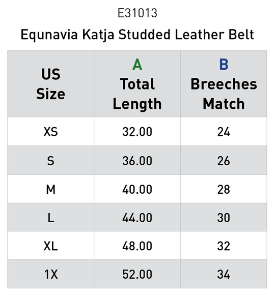 Size chart: Equestrian Belts