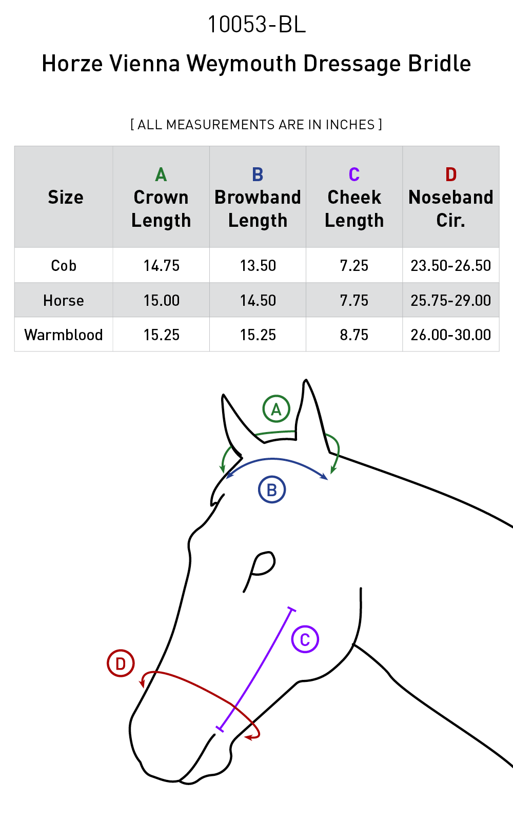 Size chart: English Bridles