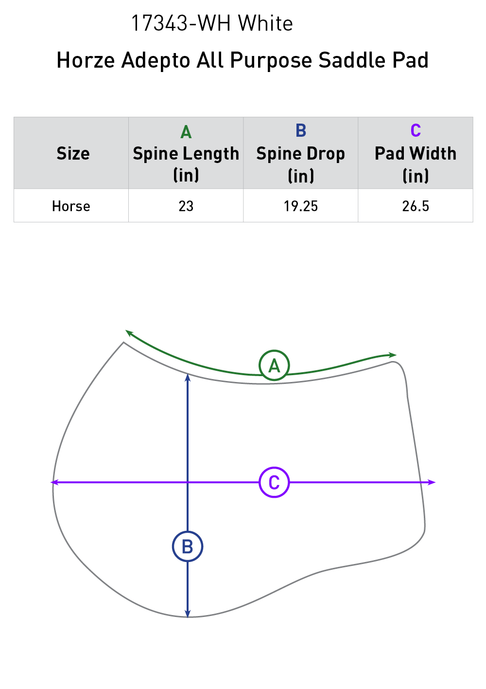 Size chart: Square All Purpose Saddle Pads