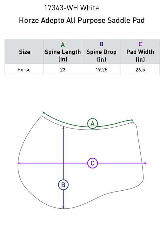 Size chart: Square All Purpose Saddle Pads