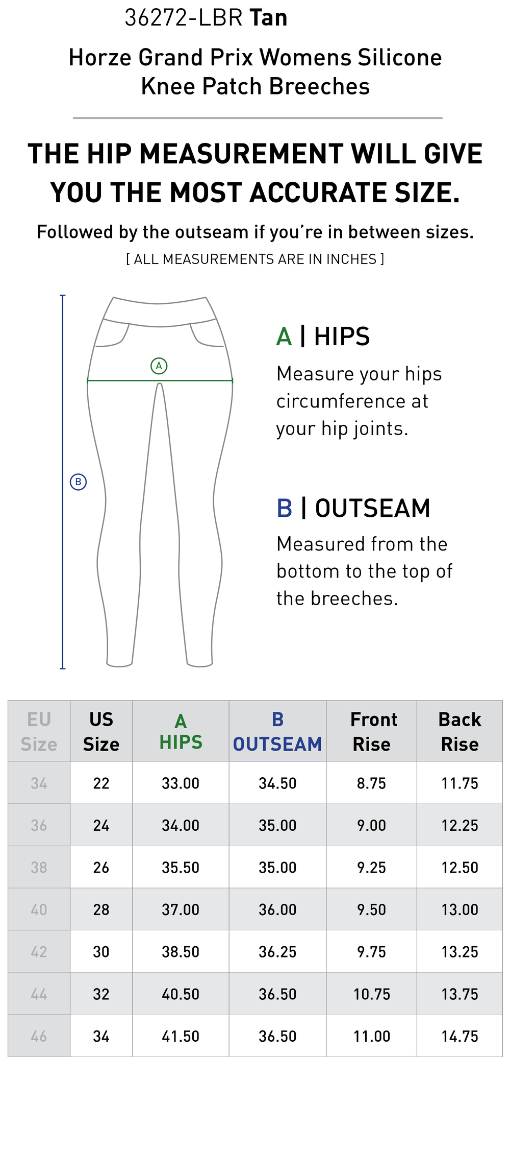 Size chart: Women's Knee Patch Breeches & Tights