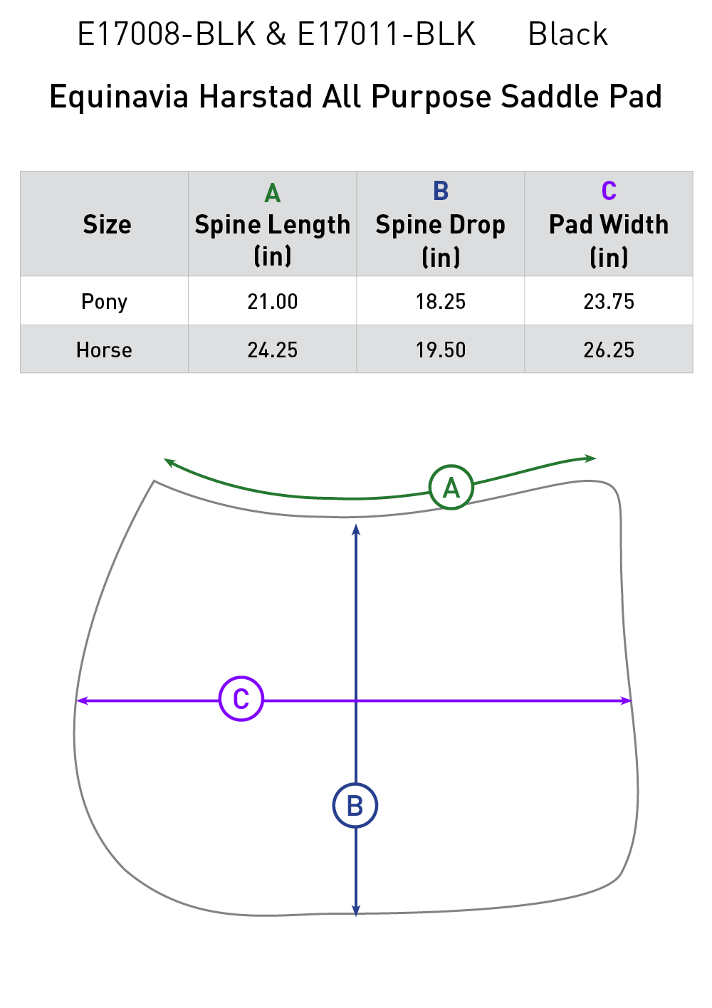 Size chart: Square All Purpose Saddle Pads