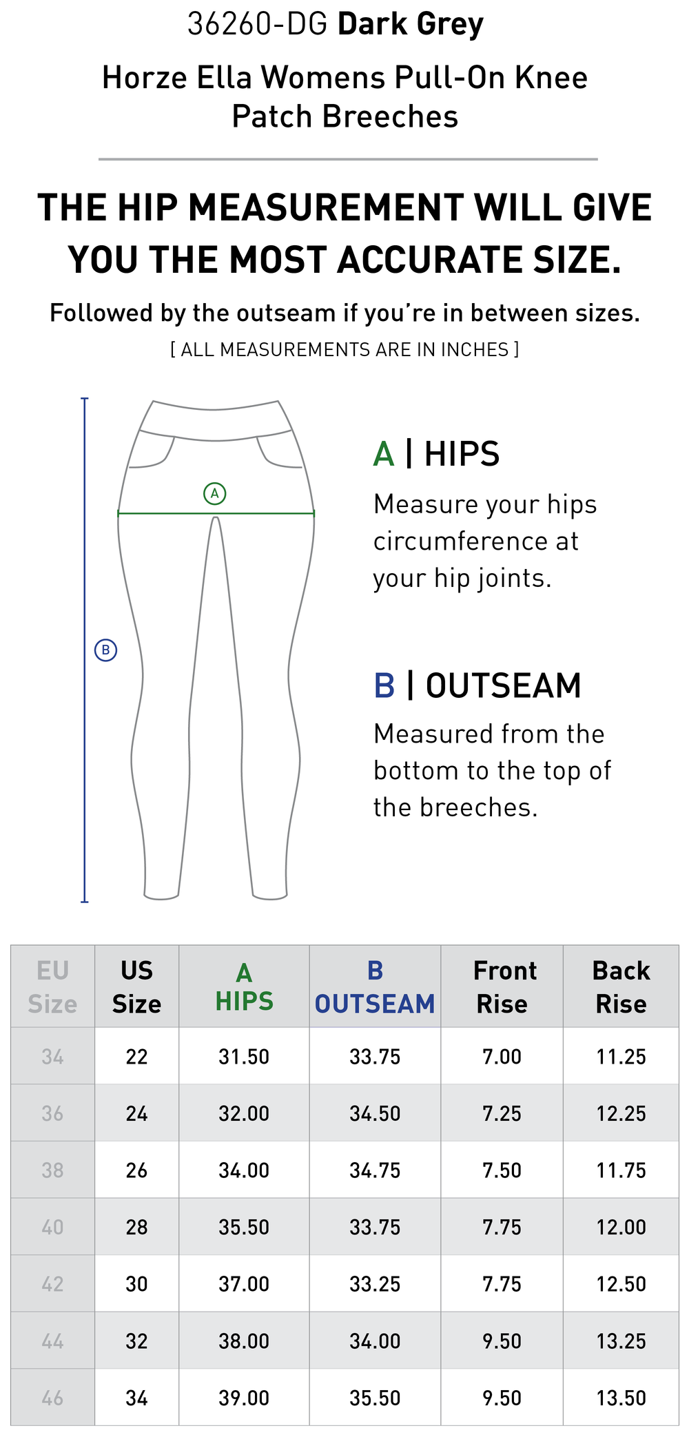 Size chart: Women's Knee Patch Breeches & Tights