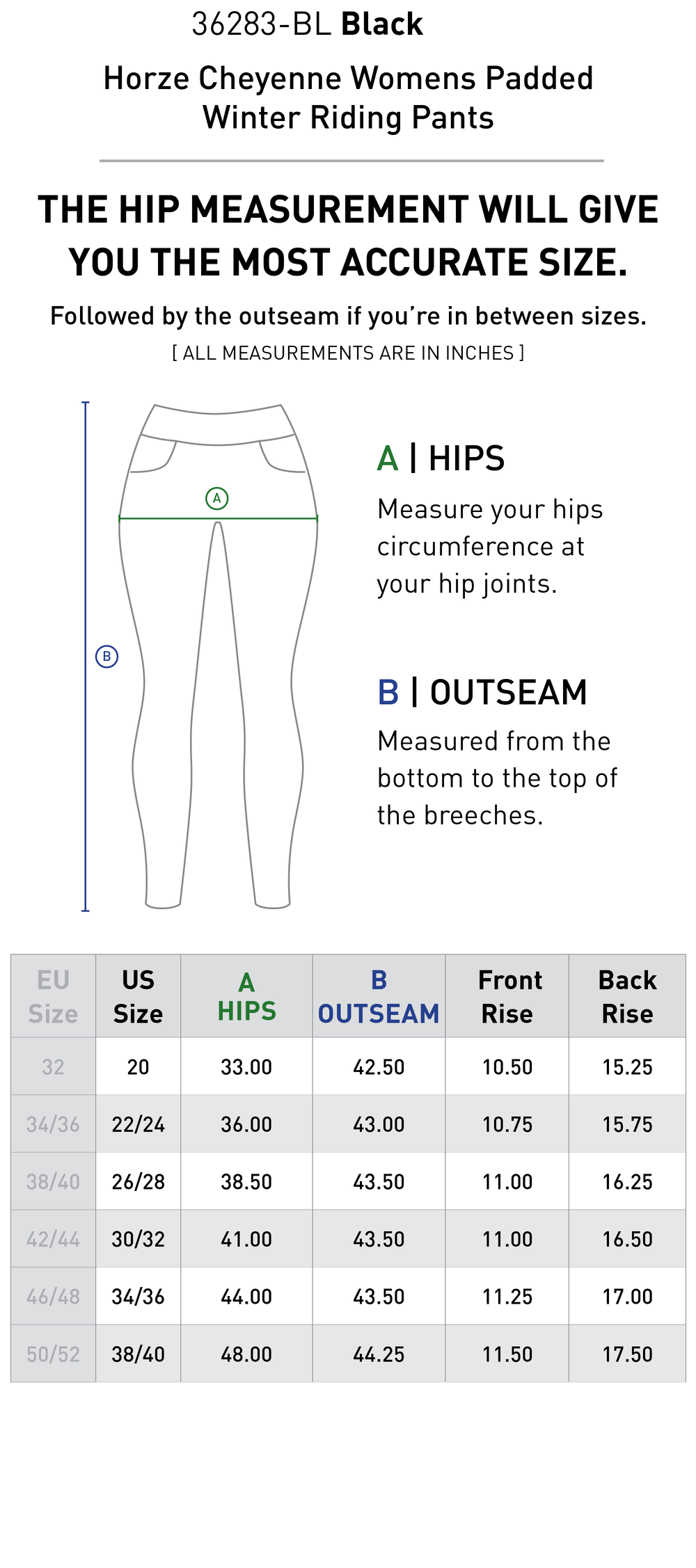 Size chart: Women's Full Seat Breeches & Tights