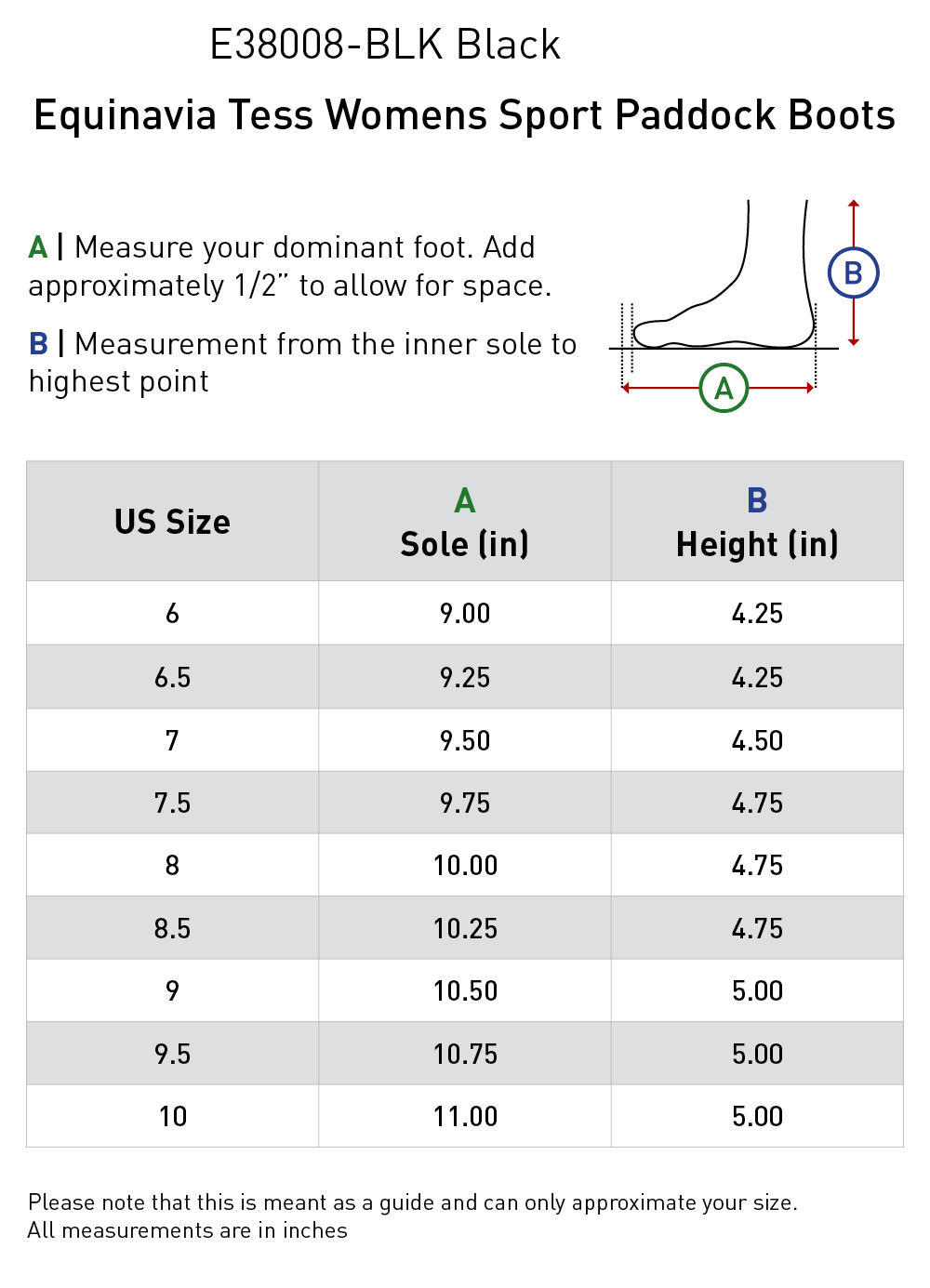 Size chart: Paddock Boots