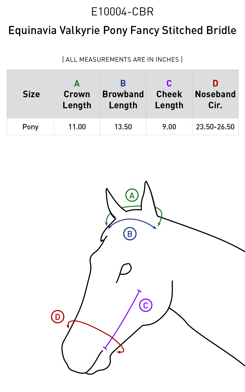 Size chart: English Bridles