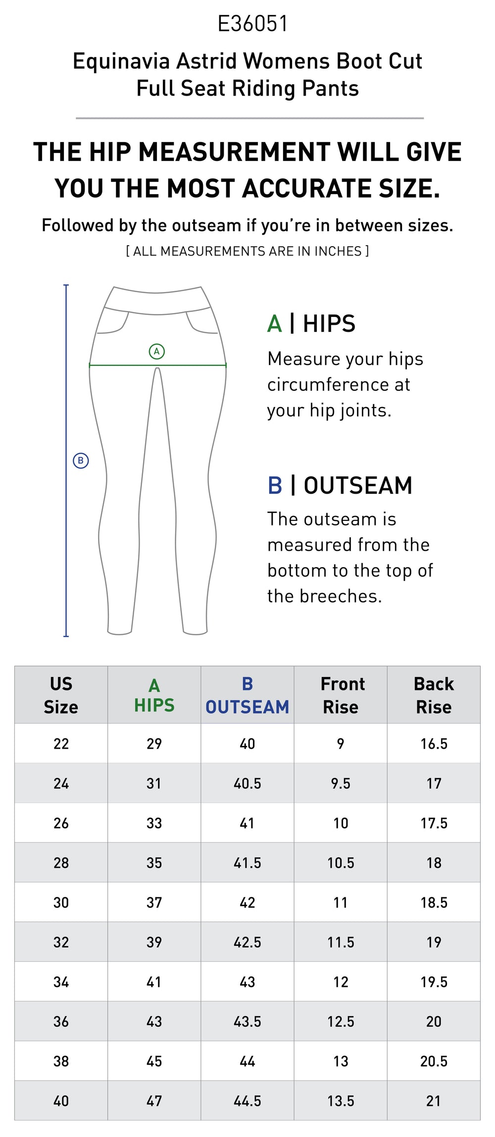 Size chart: Women's Full Seat Breeches & Tights