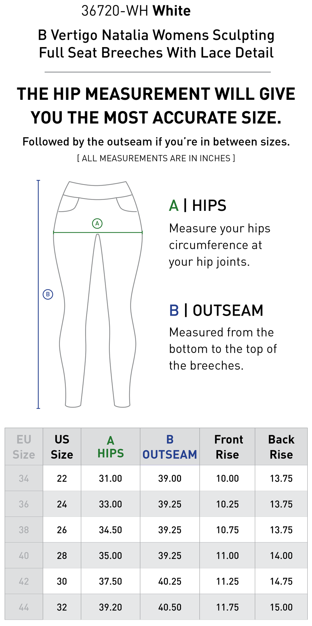 Size chart: Women's Full Seat Breeches & Tights
