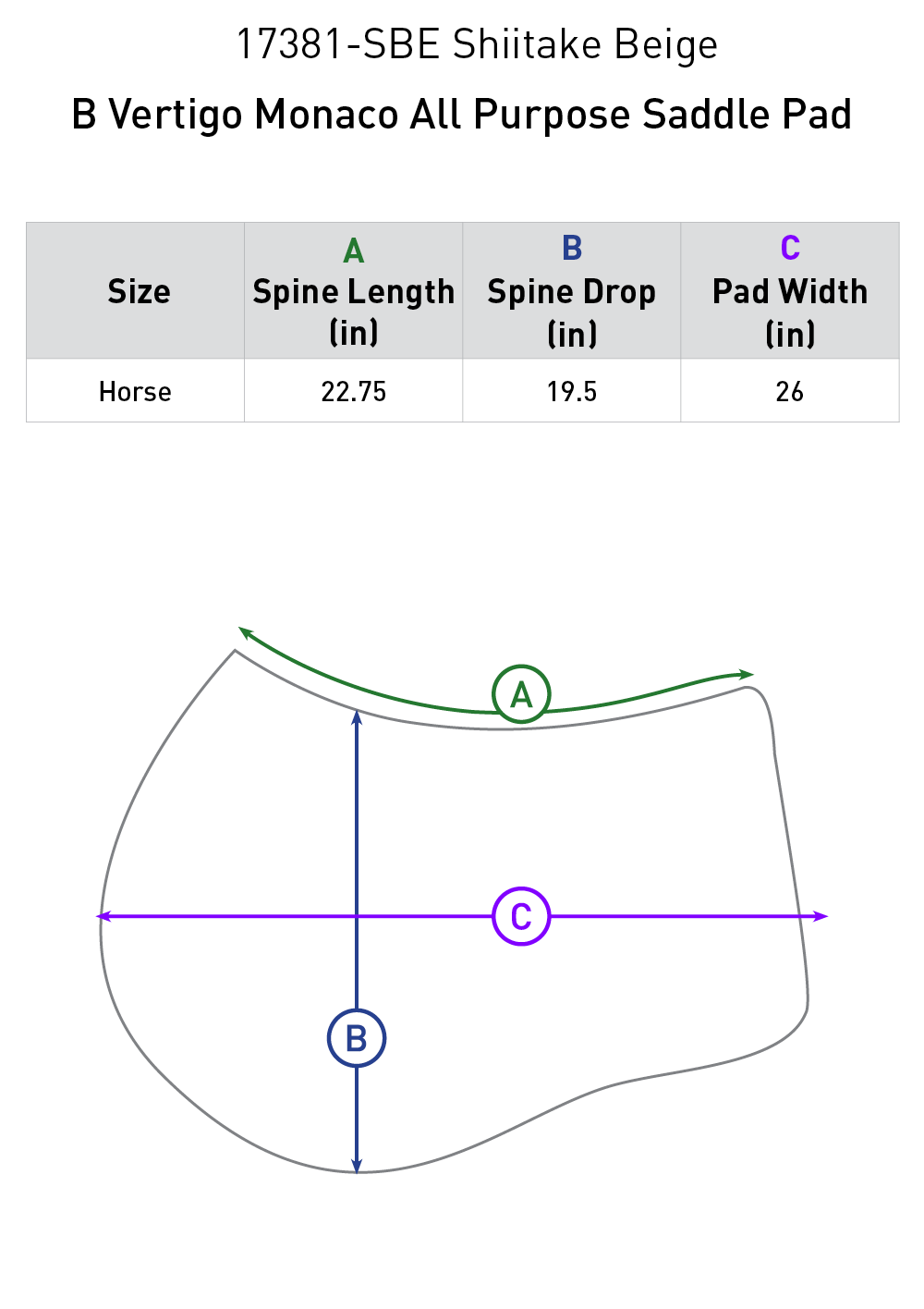 Size chart: Square All Purpose Saddle Pads