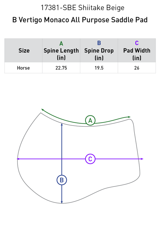 Size chart: Square All Purpose Saddle Pads