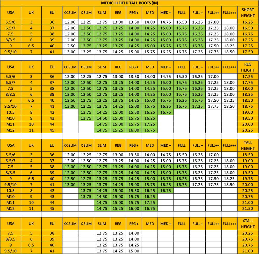 Size chart: Field Boots